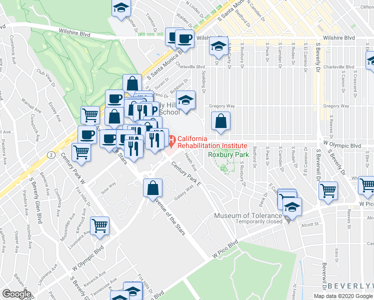 map of restaurants, bars, coffee shops, grocery stores, and more near 405 Shirley Place in Beverly Hills