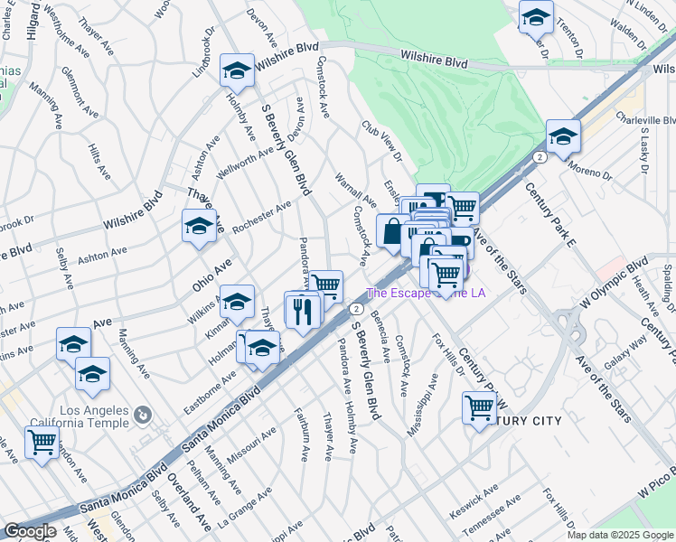 map of restaurants, bars, coffee shops, grocery stores, and more near 1616 South Beverly Glen Boulevard in Los Angeles