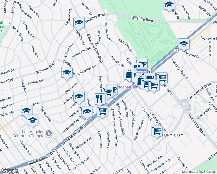 map of restaurants, bars, coffee shops, grocery stores, and more near 1616 South Beverly Glen Boulevard in Los Angeles