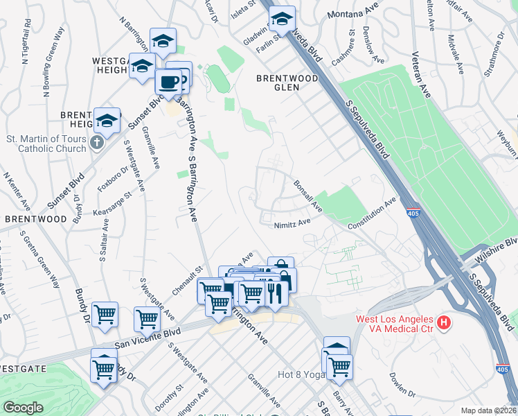 map of restaurants, bars, coffee shops, grocery stores, and more near Vandergrift Ave in Los Angeles