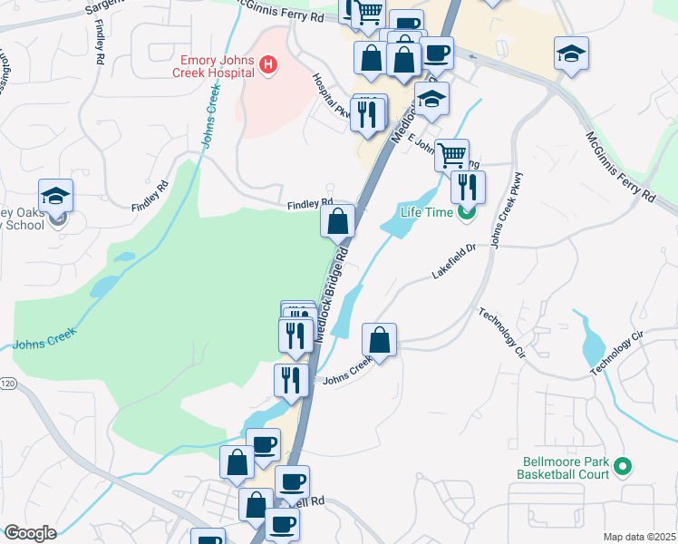 map of restaurants, bars, coffee shops, grocery stores, and more near 11405 Medlock Bridge Road in Johns Creek