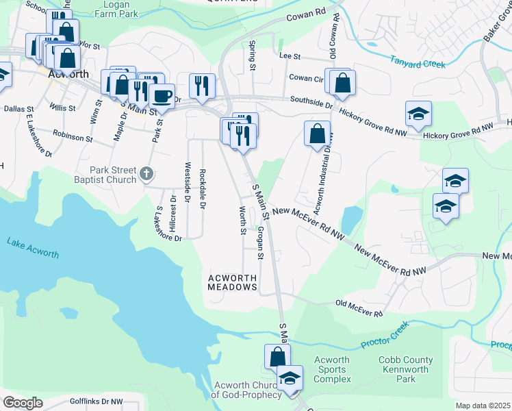 map of restaurants, bars, coffee shops, grocery stores, and more near 4288 South Main Street in Acworth