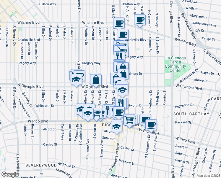 map of restaurants, bars, coffee shops, grocery stores, and more near 8822 West Olympic Boulevard in Beverly Hills
