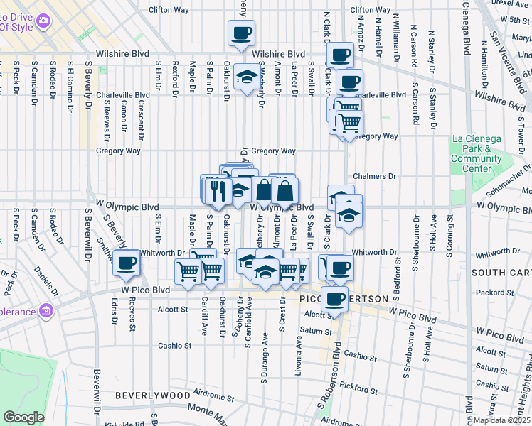map of restaurants, bars, coffee shops, grocery stores, and more near 9030 West Olympic Boulevard in Beverly Hills
