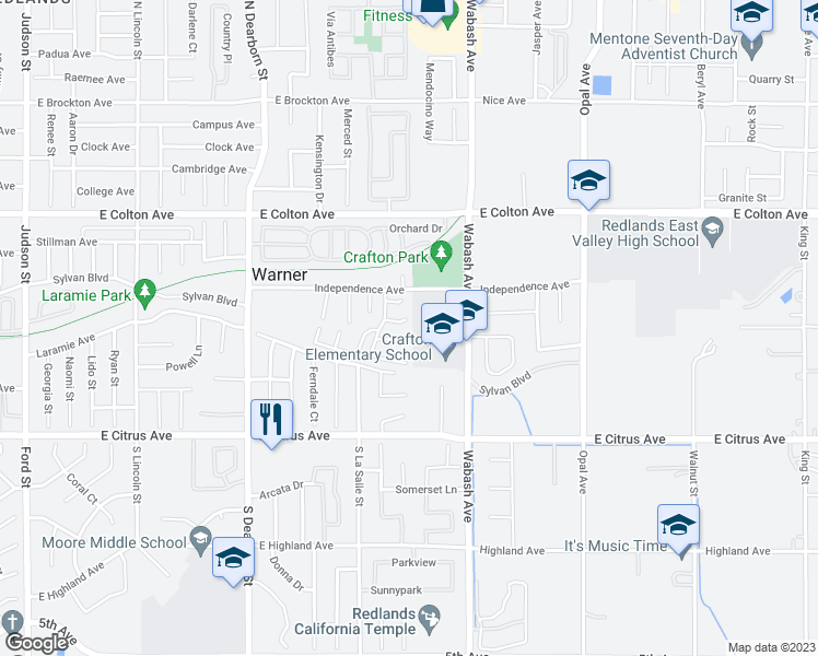 map of restaurants, bars, coffee shops, grocery stores, and more near 1742 Cambridge Circle in Redlands