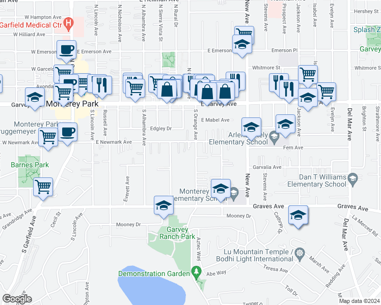 map of restaurants, bars, coffee shops, grocery stores, and more near 319 South Orange Avenue in Monterey Park