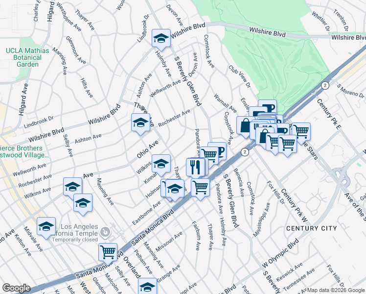map of restaurants, bars, coffee shops, grocery stores, and more near 10465 Kinnard Avenue in Los Angeles