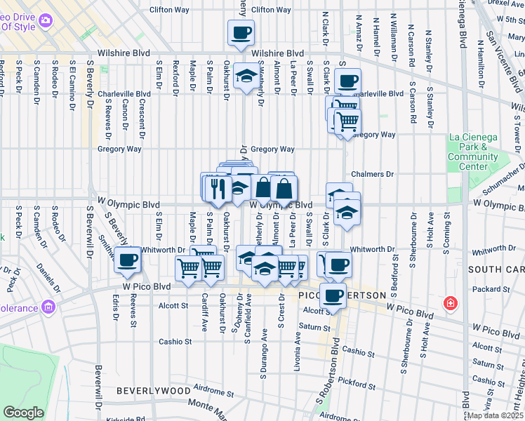 map of restaurants, bars, coffee shops, grocery stores, and more near 9030 West Olympic Boulevard in Beverly Hills