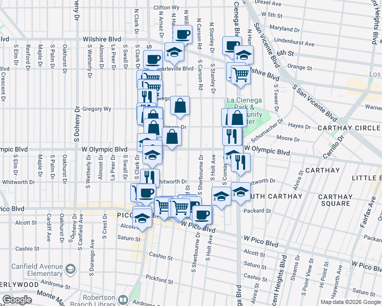 map of restaurants, bars, coffee shops, grocery stores, and more near in Los Angeles