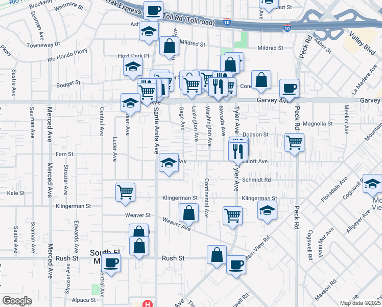 map of restaurants, bars, coffee shops, grocery stores, and more near 2613 Lexington Avenue in El Monte