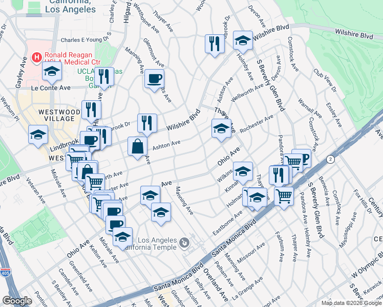 map of restaurants, bars, coffee shops, grocery stores, and more near 10640 Wellworth Avenue in Los Angeles