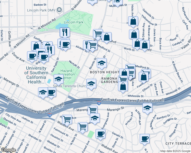 map of restaurants, bars, coffee shops, grocery stores, and more near 1450 Tremont Street in Los Angeles