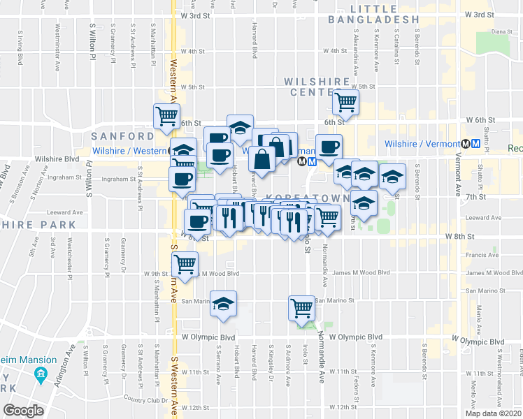 map of restaurants, bars, coffee shops, grocery stores, and more near 715 South Kingsley Drive in Los Angeles