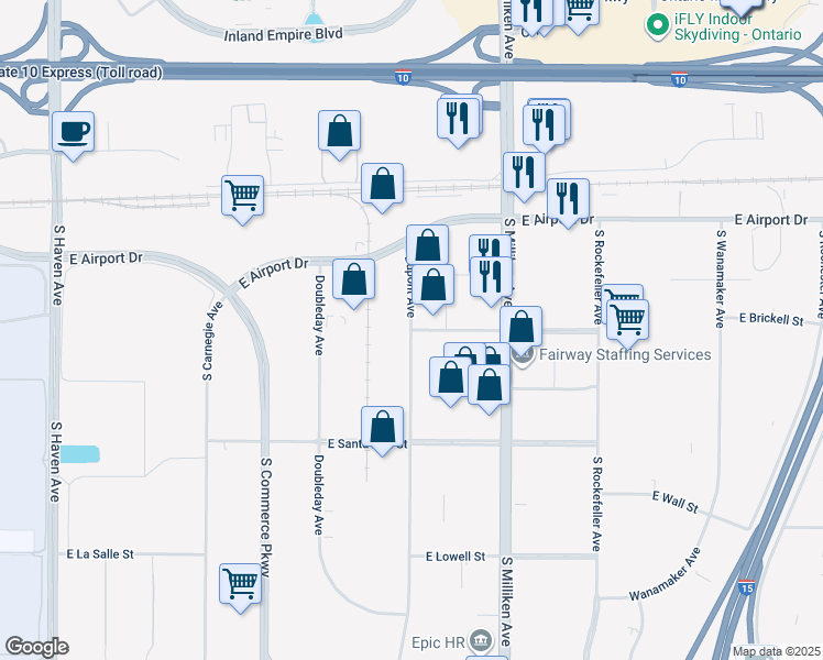 map of restaurants, bars, coffee shops, grocery stores, and more near 501 South Dupont Avenue in Ontario