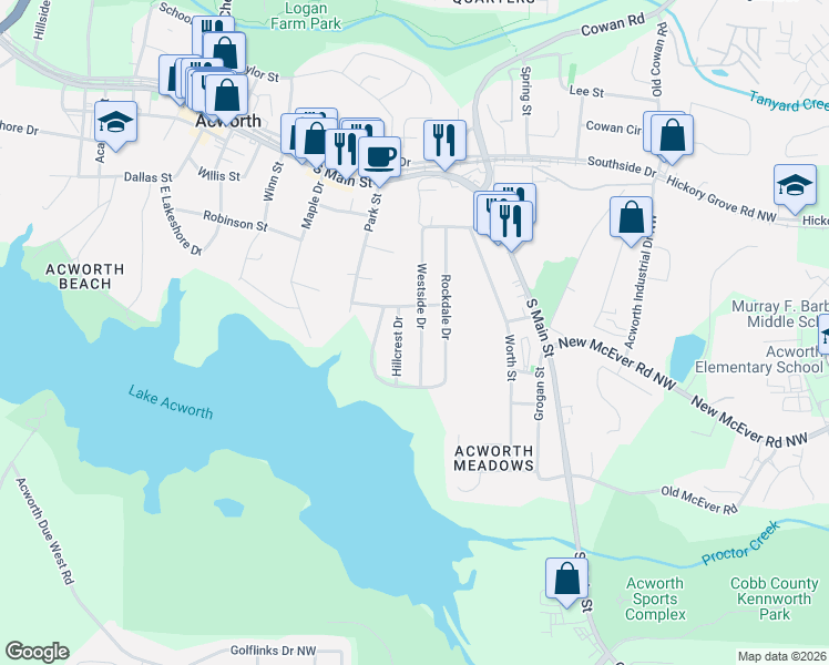map of restaurants, bars, coffee shops, grocery stores, and more near 4286 Westside Drive in Acworth