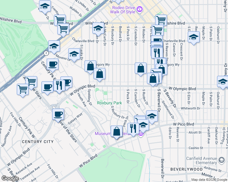 map of restaurants, bars, coffee shops, grocery stores, and more near 424 South Roxbury Drive in Beverly Hills