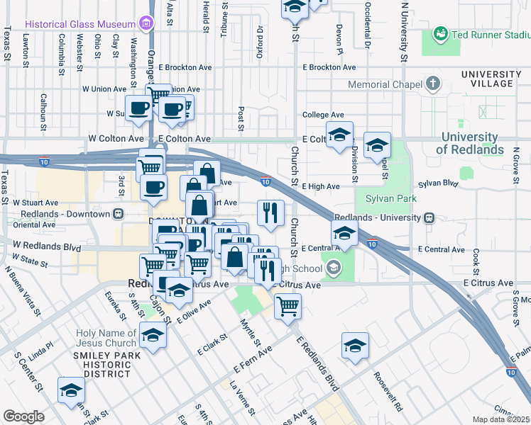 map of restaurants, bars, coffee shops, grocery stores, and more near 538 East Stuart Avenue in Redlands