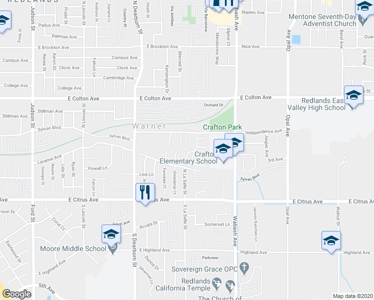 map of restaurants, bars, coffee shops, grocery stores, and more near 329 Van Ness Lane in Redlands