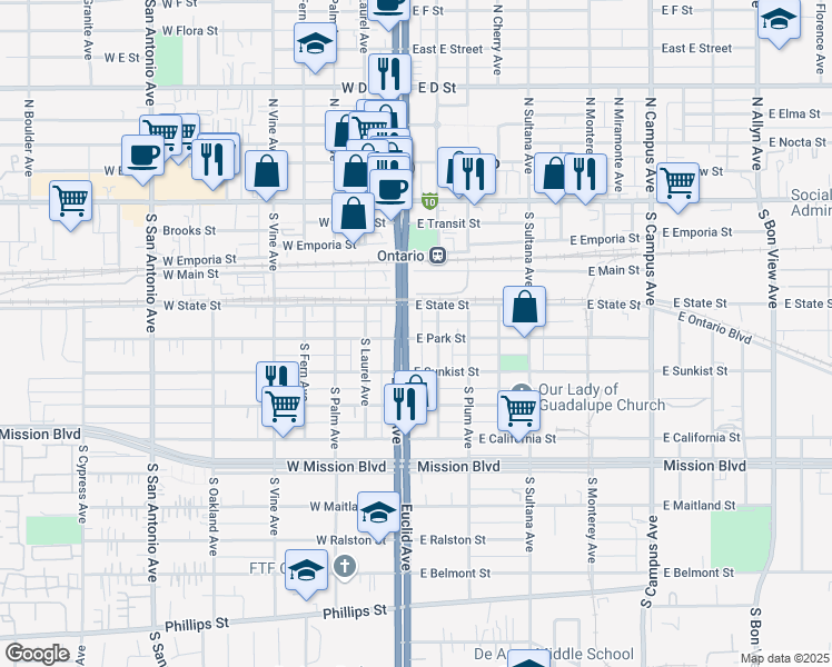 map of restaurants, bars, coffee shops, grocery stores, and more near 431 South Euclid Avenue in Ontario