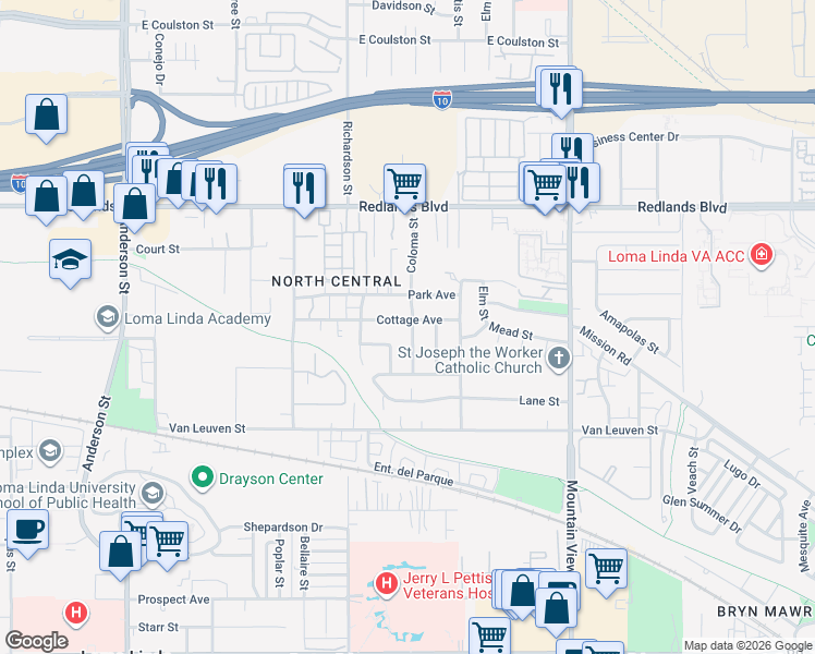 map of restaurants, bars, coffee shops, grocery stores, and more near 25411 Cottage Avenue in Loma Linda