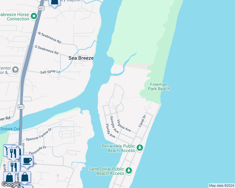 map of restaurants, bars, coffee shops, grocery stores, and more near 400 Virginia Avenue in Carolina Beach