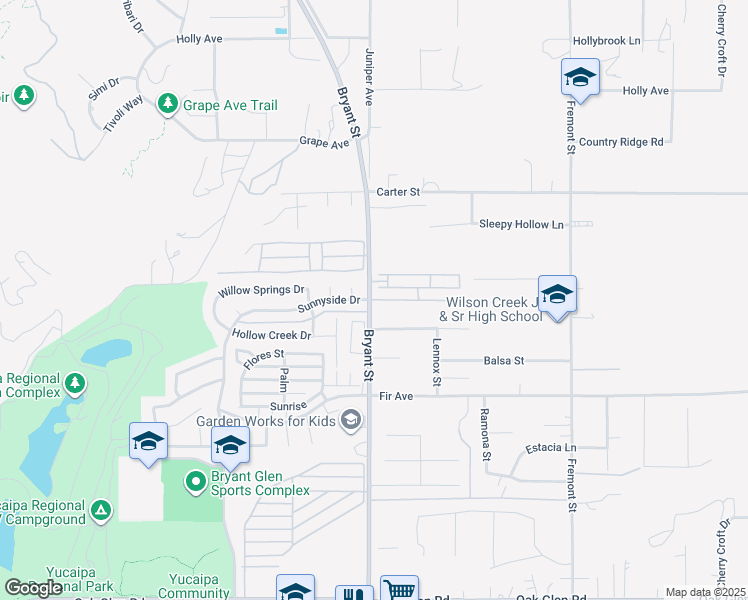 map of restaurants, bars, coffee shops, grocery stores, and more near 10675 Sunnyside Drive in Yucaipa