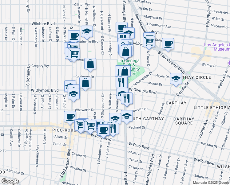 map of restaurants, bars, coffee shops, grocery stores, and more near 8560 West Olympic Boulevard in Los Angeles