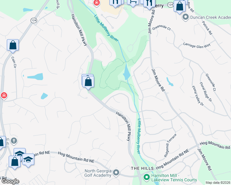 map of restaurants, bars, coffee shops, grocery stores, and more near 2890 Millwater Crossing Northeast in Dacula