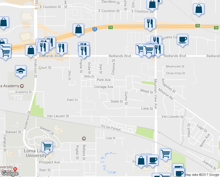 map of restaurants, bars, coffee shops, grocery stores, and more near 25391 Cottage Avenue in Loma Linda