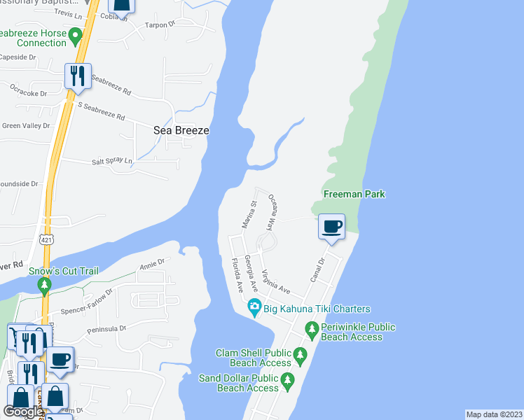 map of restaurants, bars, coffee shops, grocery stores, and more near 400 Virginia Avenue in Carolina Beach