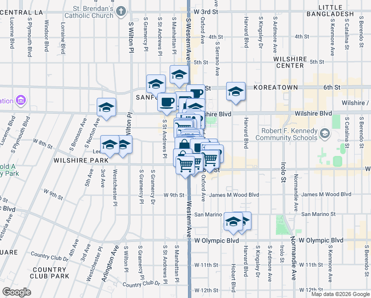 map of restaurants, bars, coffee shops, grocery stores, and more near 700 South Manhattan Place in Los Angeles