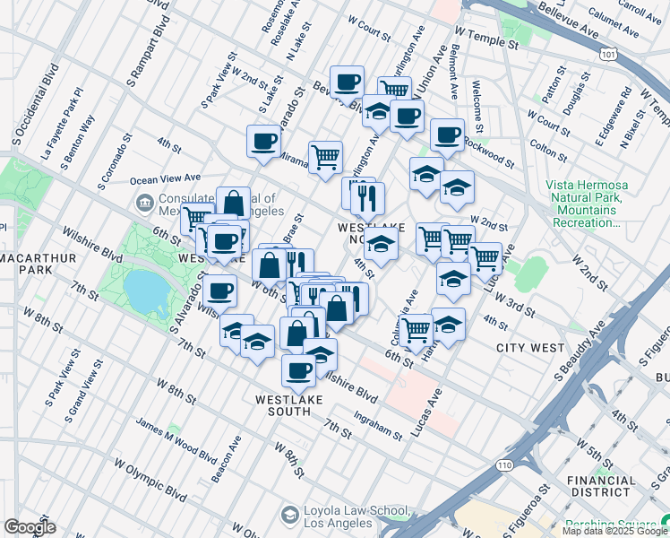map of restaurants, bars, coffee shops, grocery stores, and more near 431 South Union Avenue in Los Angeles