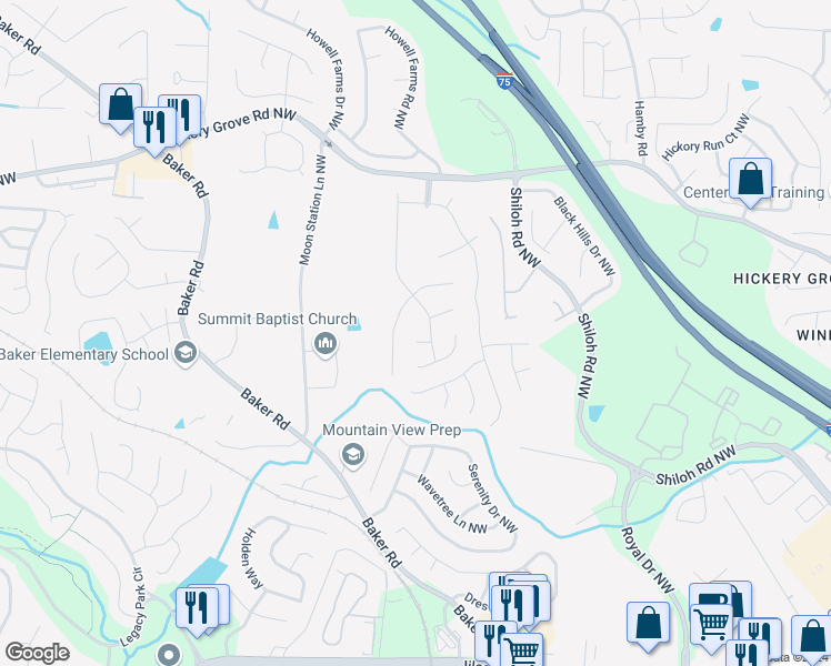 map of restaurants, bars, coffee shops, grocery stores, and more near 2168 Sugar Maple Cove Northwest in Acworth