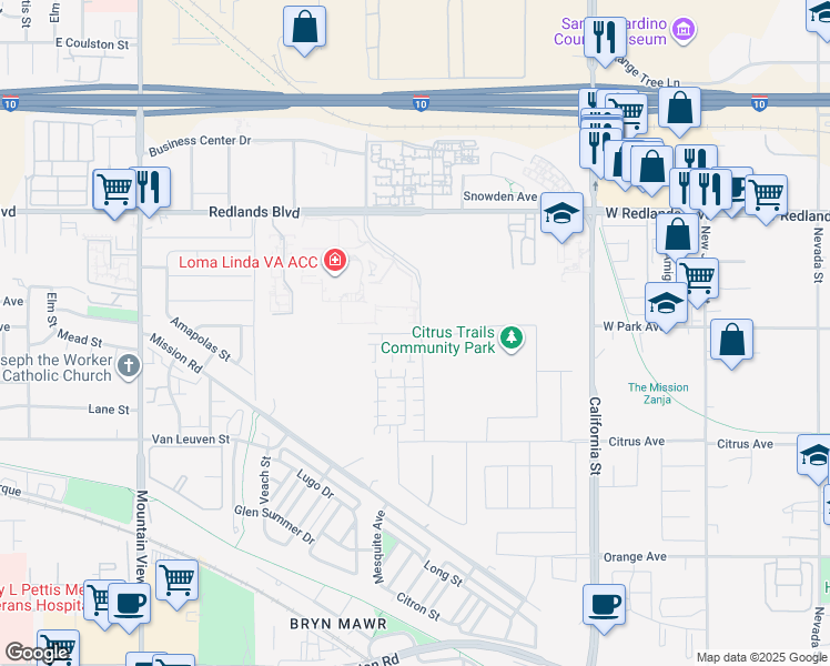 map of restaurants, bars, coffee shops, grocery stores, and more near 26149 West Park Avenue in Loma Linda
