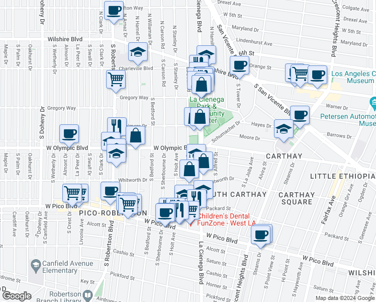 map of restaurants, bars, coffee shops, grocery stores, and more near 613 South Corning Street in Los Angeles