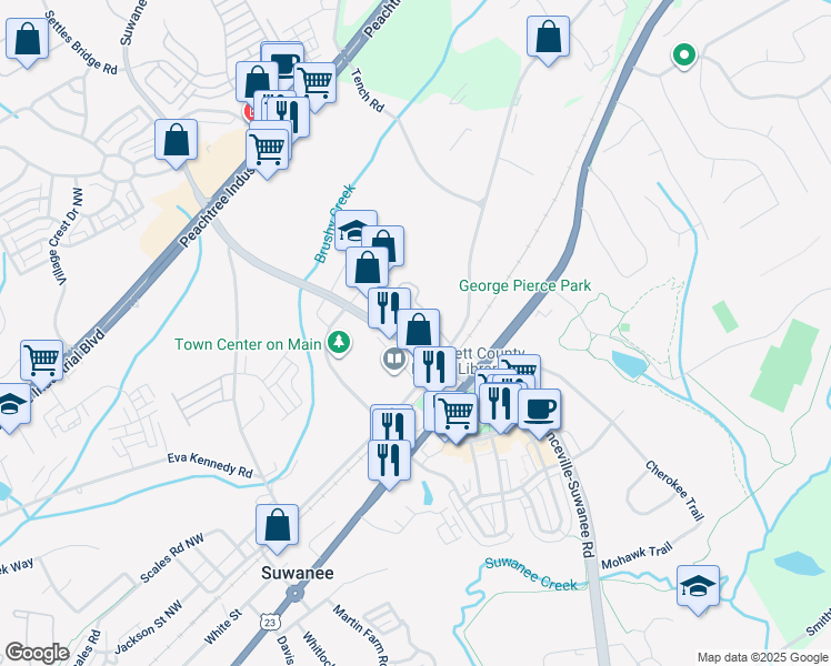map of restaurants, bars, coffee shops, grocery stores, and more near 4055 Suwanee Dam Road Northwest in Suwanee