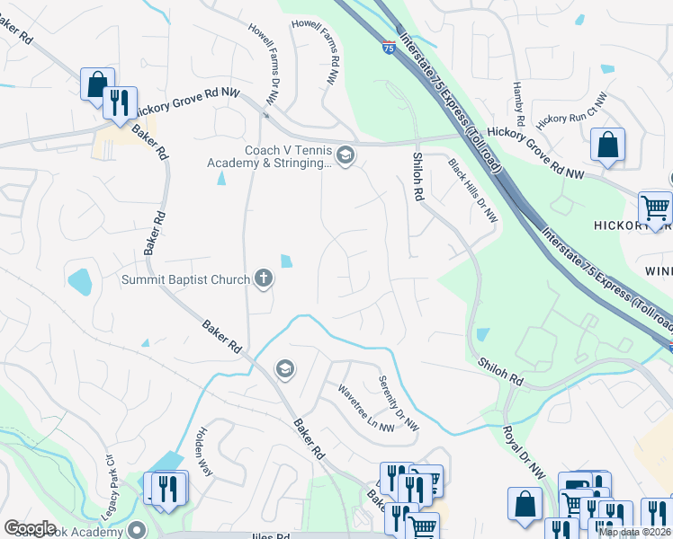 map of restaurants, bars, coffee shops, grocery stores, and more near 2170 Sugar Maple Cove Northwest in Acworth