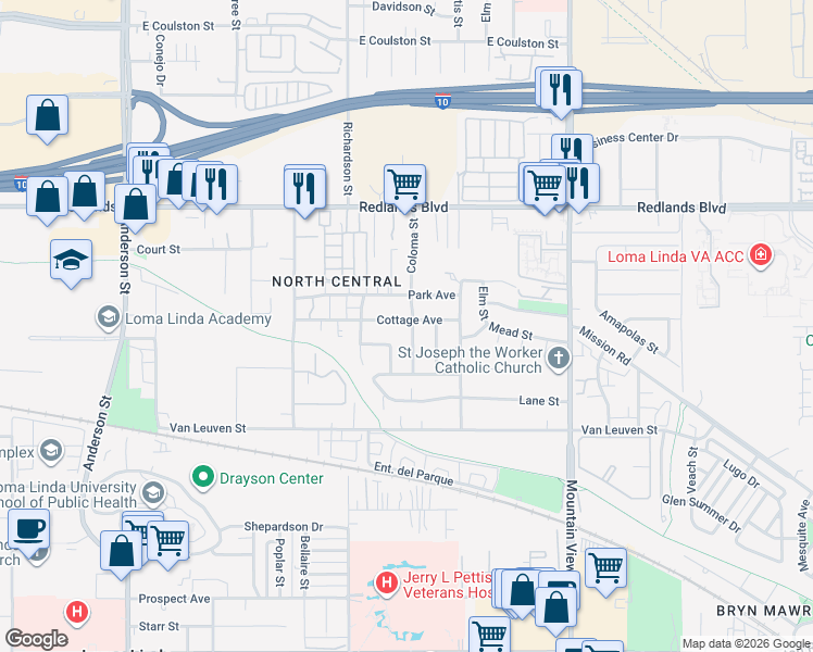 map of restaurants, bars, coffee shops, grocery stores, and more near 25411 Cottage Avenue in Loma Linda