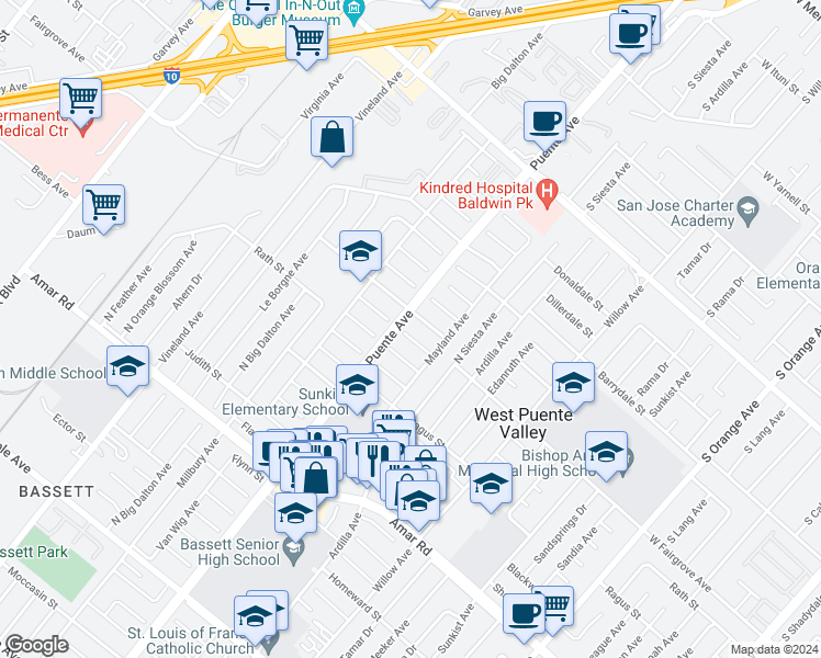 map of restaurants, bars, coffee shops, grocery stores, and more near 13909 Fairgrove Avenue in West Puente Valley
