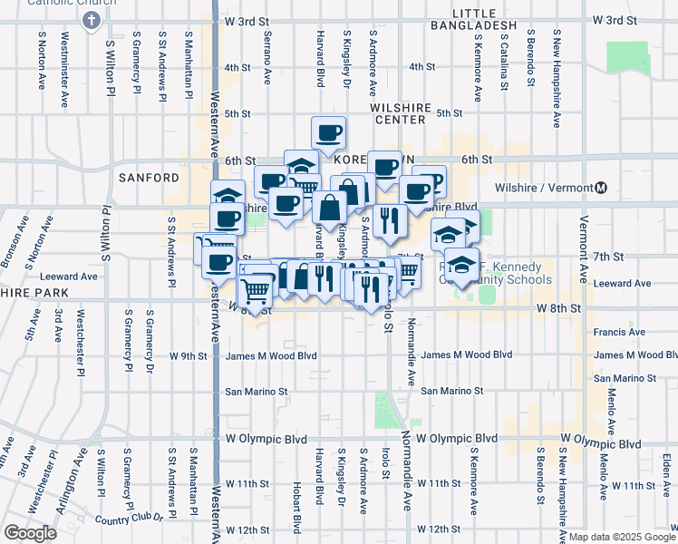 map of restaurants, bars, coffee shops, grocery stores, and more near 715 South Kingsley Drive in Los Angeles