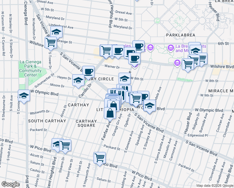 map of restaurants, bars, coffee shops, grocery stores, and more near 6101 San Vicente Boulevard in Los Angeles