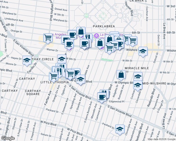 map of restaurants, bars, coffee shops, grocery stores, and more near 863 South Stanley Avenue in Los Angeles