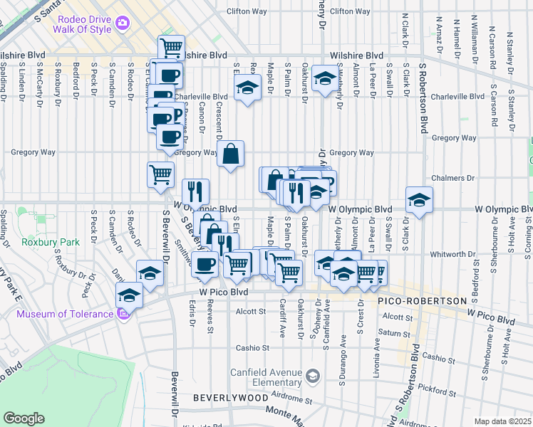 map of restaurants, bars, coffee shops, grocery stores, and more near 9248 West Olympic Boulevard in Beverly Hills