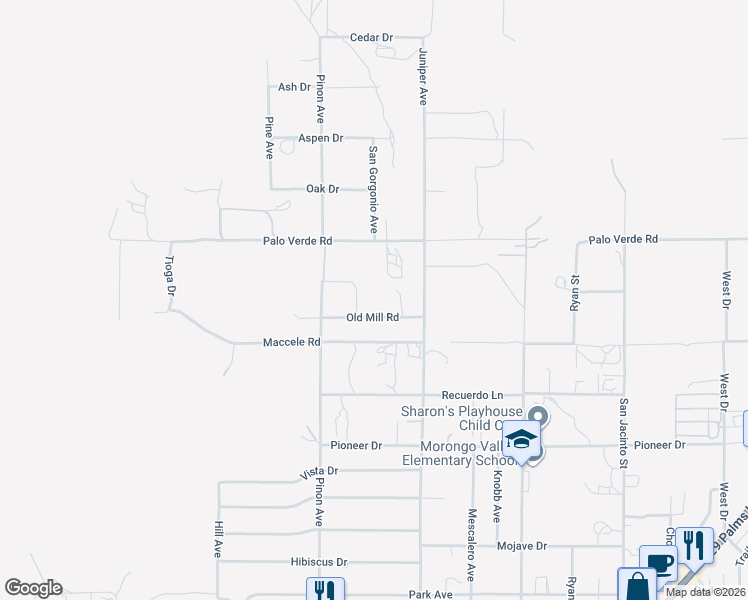 map of restaurants, bars, coffee shops, grocery stores, and more near 49200 Old Mill Road in Morongo Valley
