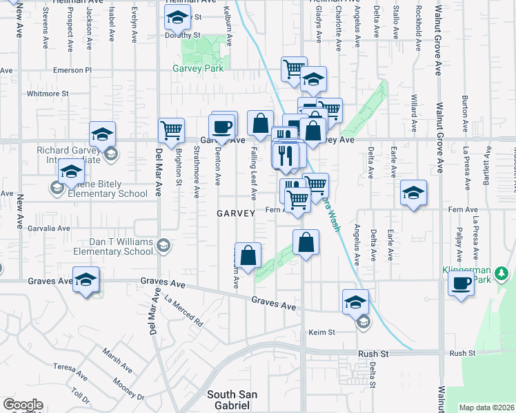 map of restaurants, bars, coffee shops, grocery stores, and more near 2600 Falling Leaf Avenue in Rosemead