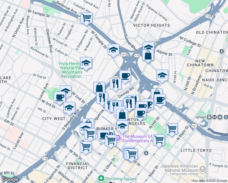 map of restaurants, bars, coffee shops, grocery stores, and more near 221 North Figueroa Street in Los Angeles