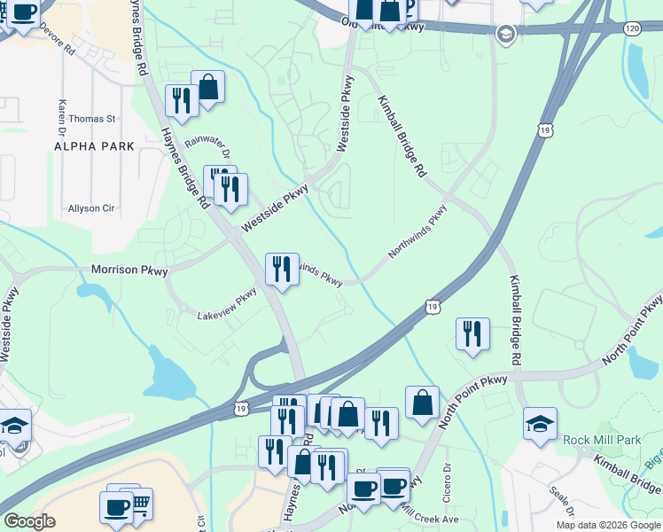 map of restaurants, bars, coffee shops, grocery stores, and more near 2520 Northwinds Parkway in Alpharetta