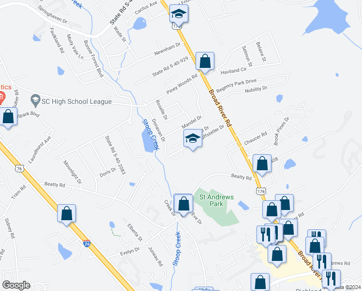 map of restaurants, bars, coffee shops, grocery stores, and more near 181 Crestland Drive in Columbia