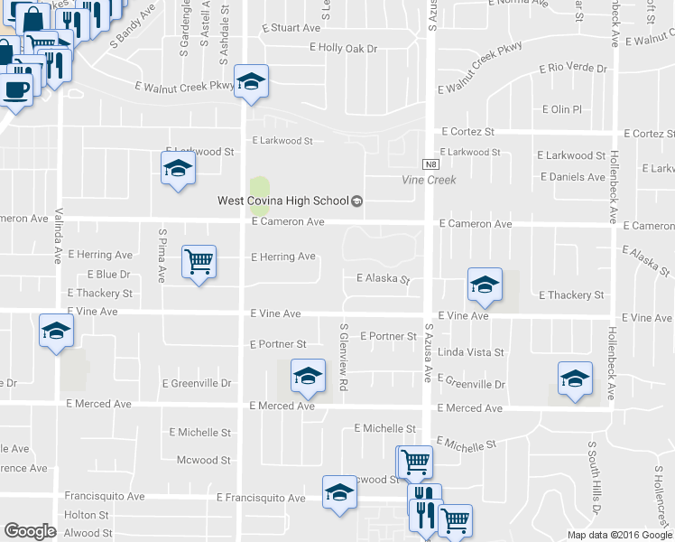 map of restaurants, bars, coffee shops, grocery stores, and more near 901 South Glenview Road in West Covina