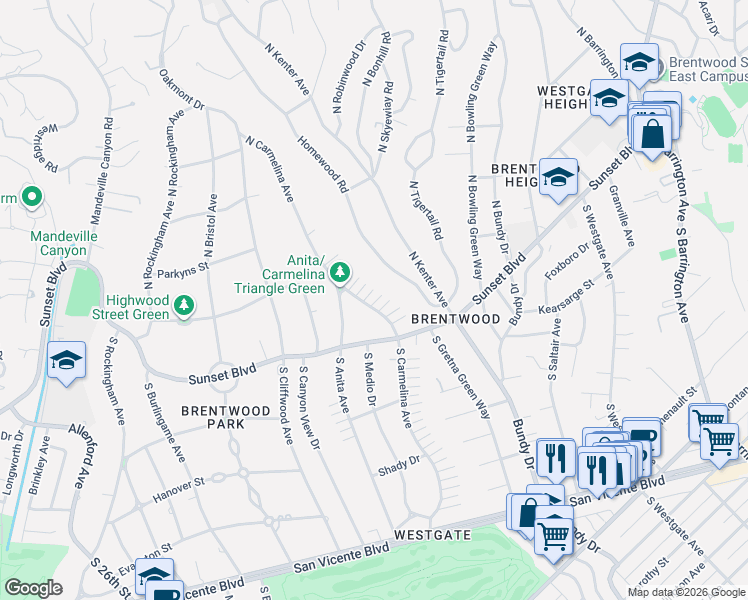 map of restaurants, bars, coffee shops, grocery stores, and more near 146 North Carmelina Avenue in Los Angeles
